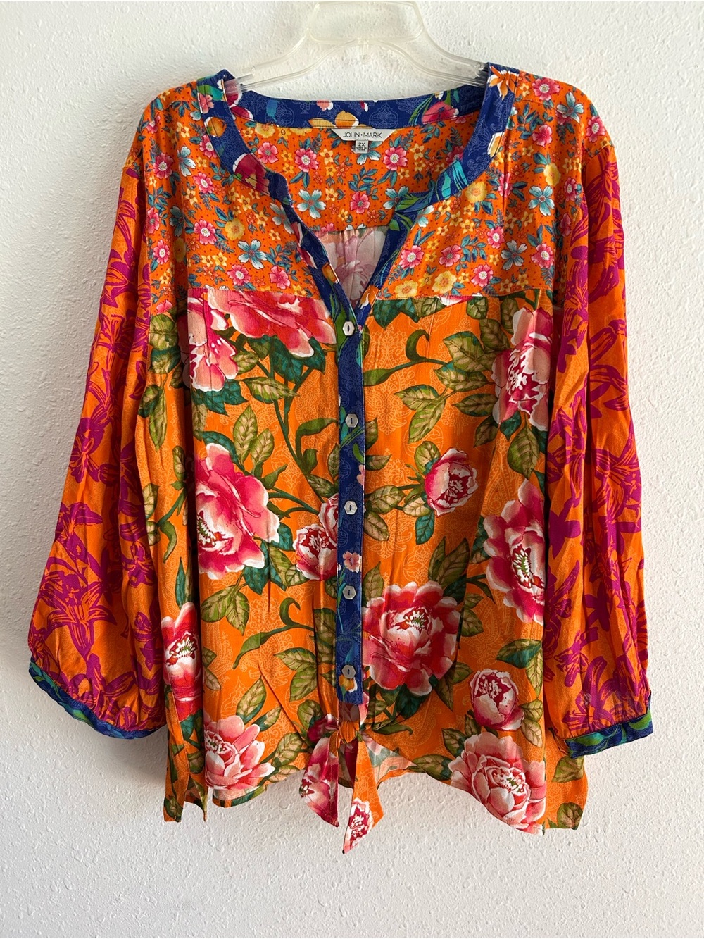 John Mark Tunic Top Women's Plus Size 2X Orange Floral Tie Waist Resortwear